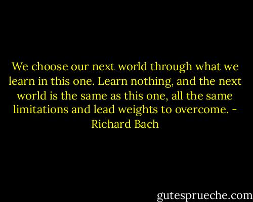 We choose our next world through what we learn in this one. Learn nothing, and the next world is the same as this one, all the same limitations and lead weights to overcome. - Richard Bach
