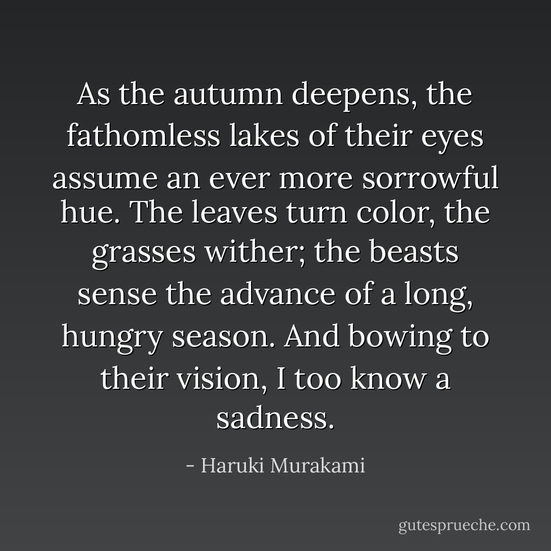 As the autumn deepens, the fathomless lakes of their eyes assume an ever more sorrowful hue. The leaves turn color, the grasses wither; the beasts sense the advance of a long, hungry season. And bowing to their vision, I too know a sadness. - Haruki Murakami