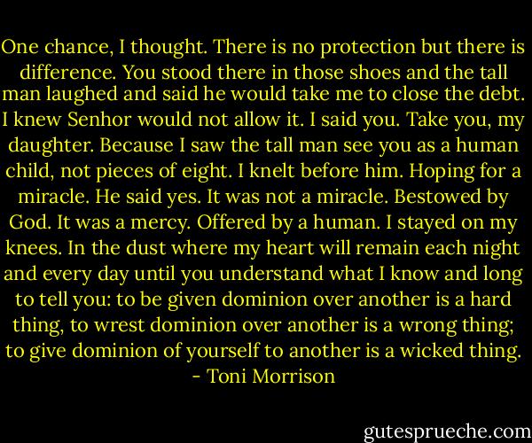 One chance, I thought. There is no protection but there is difference. You stood there in those shoes and the tall man laughed and said he would take me to close the debt. I knew Senhor would not allow it. I said you. Take you, my daughter. Because I saw the tall man see you as a human child, not pieces of eight. I knelt before him. Hoping for a miracle. He said yes.<br />It was not a miracle. Bestowed by God. It was a mercy. Offered by a human. I stayed on my knees. In the dust where my heart will remain each night and every day until you understand what I know and long to tell you: to be given dominion over another is a hard thing, to wrest dominion over another is a wrong thing; to give dominion of yourself to another is a wicked thing. - Toni Morrison