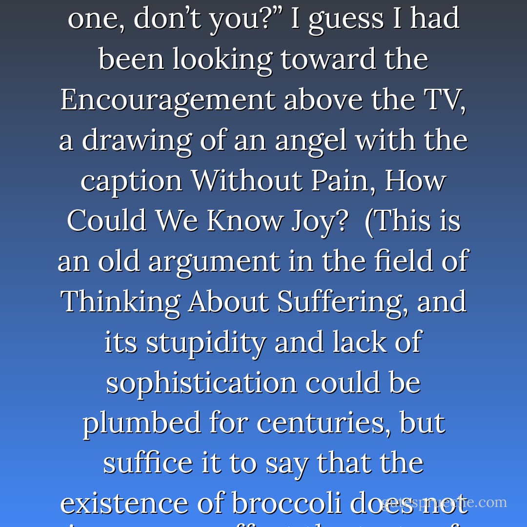 I sat on the couch for a while as Augustus searched for his keys. His mom sat down next to me and said, “I just love this one, don’t you?” I guess I had<br />been looking toward the Encouragement above the TV, a drawing of an angel with the caption Without Pain, How Could We Know Joy?<br /><br />(This is an old argument in the field of Thinking About Suffering, and its stupidity and lack of sophistication could be plumbed for centuries, but suffice it to say that the existence of broccoli does not in any way affect the taste of chocolate.) “Yes,” I said. “A lovely thought. - John Green