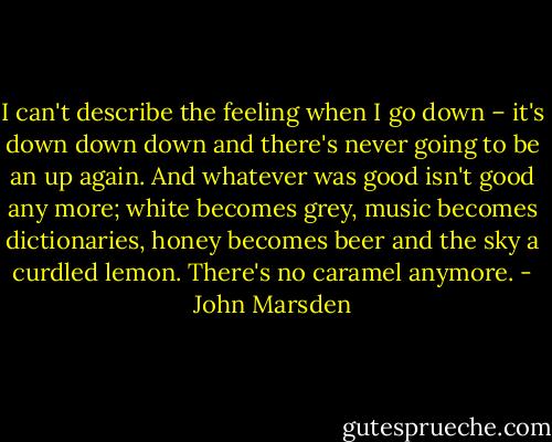 I can't describe the feeling when I go down – it's down down down and there's never going to be an up again. And whatever was good isn't good any more; white becomes grey, music becomes dictionaries, honey becomes beer and the sky a curdled lemon. There's no caramel anymore. - John Marsden