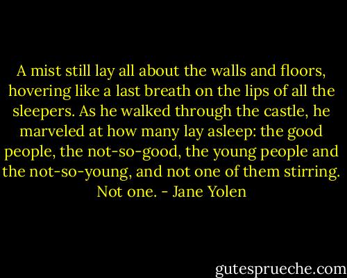 A mist still lay all about the walls and floors, hovering like a last breath on the lips of all the sleepers. As he walked through the castle, he marveled at how many lay asleep: the good people, the not-so-good, the young people and the not-so-young, and not one of them stirring. Not one. - Jane Yolen