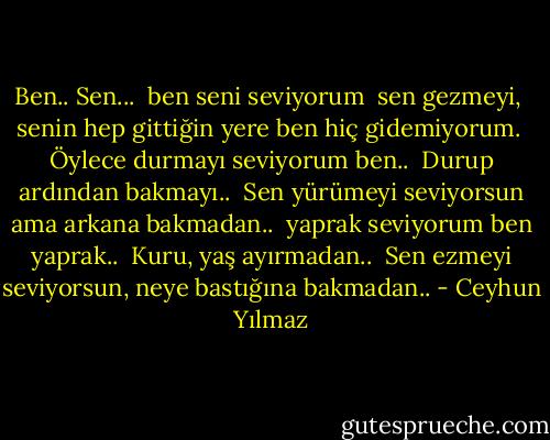 Ben.. Sen...<br /><br />ben seni seviyorum <br />sen gezmeyi, <br />senin hep gittiğin yere ben hiç gidemiyorum. <br />Öylece durmayı seviyorum ben.. <br />Durup ardından bakmayı.. <br />Sen yürümeyi seviyorsun ama arkana bakmadan.. <br />yaprak seviyorum ben yaprak.. <br />Kuru, yaş ayırmadan.. <br />Sen ezmeyi seviyorsun, neye bastığına bakmadan.. - Ceyhun Yılmaz