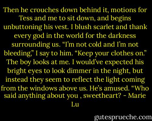 Then he crouches down behind it, motions for Tess and me to sit down, and begins unbuttoning his vest.<br />I blush scarlet and thank every god in the world for the darkness surrounding us. “I’m not cold and I’m not bleeding,” I say to him. “Keep your clothes on.”<br />The boy looks at me. I would’ve expected his bright eyes to look dimmer in the night, but instead they seem to reflect the light coming from the windows above us. He’s amused. “Who said anything about you , sweetheart? - Marie Lu