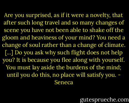 Are you surprised, as if it were a novelty, that after such long travel and so many changes of scene you have not been able to shake off the gloom and heaviness of your mind? You need a change of soul rather than a change of climate. [...] Do you ask why such flight does not help you? It is because you flee along with yourself. You must lay aside the burdens of the mind; until you do this, no place will satisfy you. - Seneca