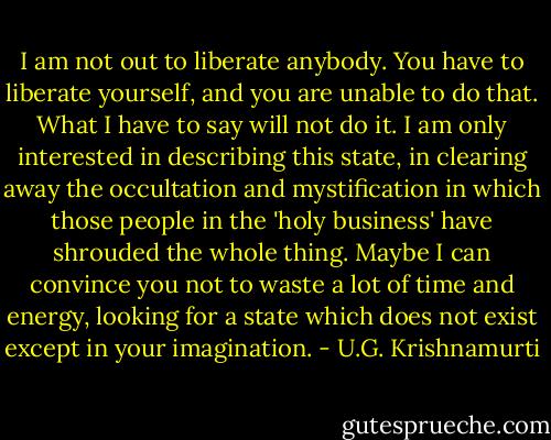 I am not out to liberate anybody. You have to liberate yourself, and you are unable to do that. What I have to say will not do it. I am only interested in describing this state, in clearing away the occultation and mystification in which those people in the 'holy business' have shrouded the whole thing. Maybe I can convince you not to waste a lot of time and energy, looking for a state which does not exist except in your imagination. - U.G. Krishnamurti