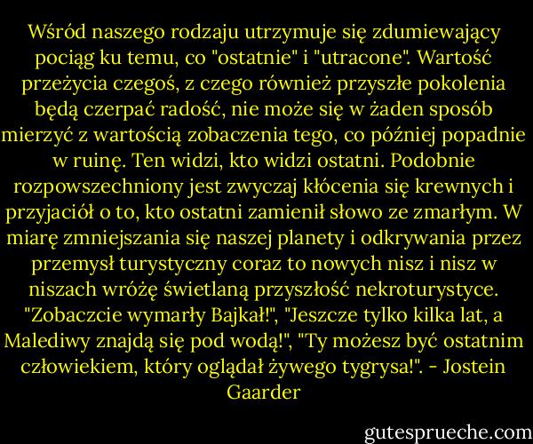 Wśród naszego rodzaju utrzymuje się zdumiewający pociąg ku temu, co "ostatnie" i "utracone". Wartość przeżycia czegoś, z czego również przyszłe pokolenia będą czerpać radość, nie może się w żaden sposób mierzyć z wartością zobaczenia tego, co później popadnie w ruinę. Ten widzi, kto widzi ostatni. Podobnie rozpowszechniony jest zwyczaj kłócenia się krewnych i przyjaciół o to, kto ostatni zamienił słowo ze zmarłym. W miarę zmniejszania się naszej planety i odkrywania przez przemysł turystyczny coraz to nowych nisz i nisz w niszach wróżę świetlaną przyszłość nekroturystyce. "Zobaczcie wymarły Bajkał!", "Jeszcze tylko kilka lat, a Malediwy znajdą się pod wodą!", "Ty możesz być ostatnim człowiekiem, który oglądał żywego tygrysa!". - Jostein Gaarder