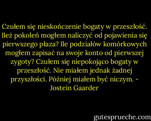 Czułem się nieskończenie bogaty w przeszłość. Ileż pokoleń mogłem naliczyć od pojawienia się pierwszego płaza? Ile podziałów komórkowych mogłem zapisać na swoje konto od pierwszej zygoty? Czułem się niepokojąco bogaty w przeszłość. Nie miałem jednak żadnej przyszłości. Później miałem być niczym. - Jostein Gaarder