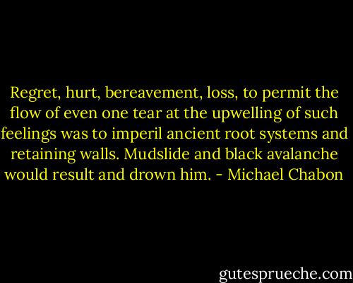Regret, hurt, bereavement, loss, to permit the flow of even one tear at the upwelling of such feelings was to imperil ancient root systems and retaining walls. Mudslide and black avalanche would result and drown him. - Michael Chabon