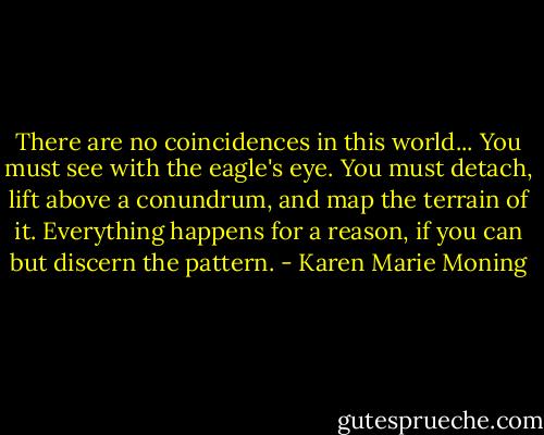There are no coincidences in this world... You must see with the eagle's eye. You must detach, lift above a conundrum, and map the terrain of it. Everything happens for a reason, if you can but discern the pattern. - Karen Marie Moning