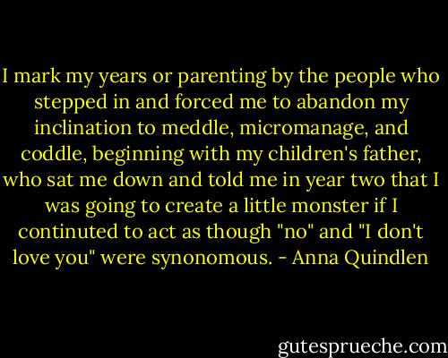 I mark my years or parenting by the people who stepped in and forced me to abandon my inclination to meddle, micromanage, and coddle, beginning with my children's father, who sat me down and told me in year two that I was going to create a little monster if I continuted to act as though "no" and "I don't love you" were synonomous. - Anna Quindlen