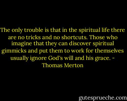 The only trouble is that in the spiritual life there are no tricks and no shortcuts. Those who imagine that they can discover spiritual gimmicks and put them to work for themselves usually ignore God's will and his grace. - Thomas Merton