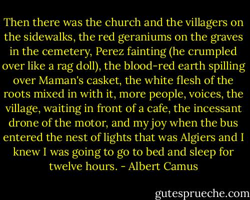 Then there was the church and the villagers on the sidewalks, the red geraniums on the graves in the cemetery, Perez fainting (he crumpled over like a rag doll), the blood-red earth spilling over Maman's casket, the white flesh of the roots mixed in with it, more people, voices, the village, waiting in front of a cafe, the incessant drone of the motor, and my joy when the bus entered the nest of lights that was Algiers and I knew I was going to go to bed and sleep for twelve hours. - Albert Camus