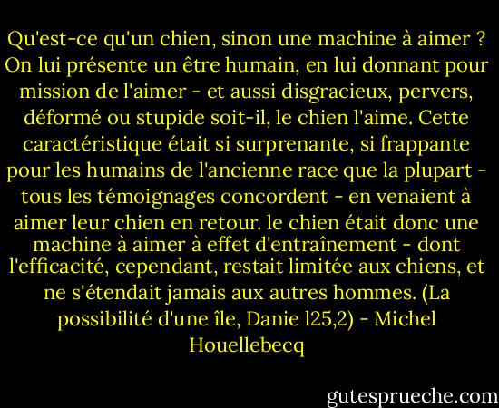 Qu'est-ce qu'un chien, sinon une machine à aimer ? On lui présente un être humain, en lui donnant pour mission de l'aimer - et aussi disgracieux, pervers, déformé ou stupide soit-il, le chien l'aime. Cette caractéristique était si surprenante, si frappante pour les humains de l'ancienne race que la plupart - tous les témoignages concordent - en venaient à aimer leur chien en retour. le chien était donc une machine à aimer à effet d'entraînement - dont l'efficacité, cependant, restait limitée aux chiens, et ne s'étendait jamais aux autres hommes. (La possibilité d'une île, Danie l25,2) - Michel Houellebecq