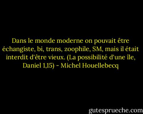 Dans le monde moderne on pouvait être échangiste, bi, trans, zoophile, SM, mais il était interdit d'être vieux. (La possibilité d'une île, Daniel 1,15) - Michel Houellebecq