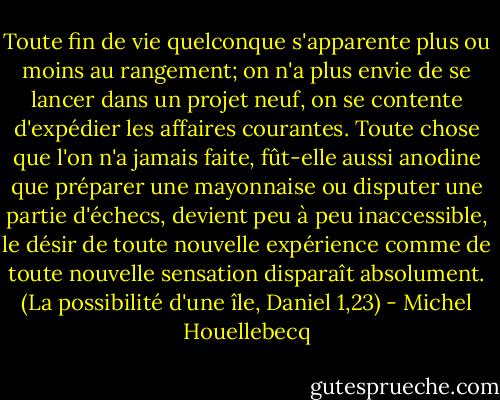 Toute fin de vie quelconque s'apparente plus ou moins au rangement; on n'a plus envie de se lancer dans un projet neuf, on se contente d'expédier les affaires courantes. Toute chose que l'on n'a jamais faite, fût-elle aussi anodine que préparer une mayonnaise ou disputer une partie d'échecs, devient peu à peu inaccessible, le désir de toute nouvelle expérience comme de toute nouvelle sensation disparaît absolument. (La possibilité d'une île, Daniel 1,23) - Michel Houellebecq