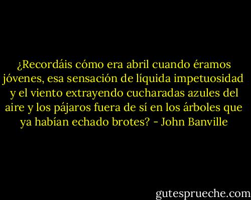 ¿Recordáis cómo era abril cuando éramos jóvenes, esa sensación de líquida impetuosidad y el viento extrayendo cucharadas azules del aire y los pájaros fuera de sí en los árboles que ya habían echado brotes? - John Banville