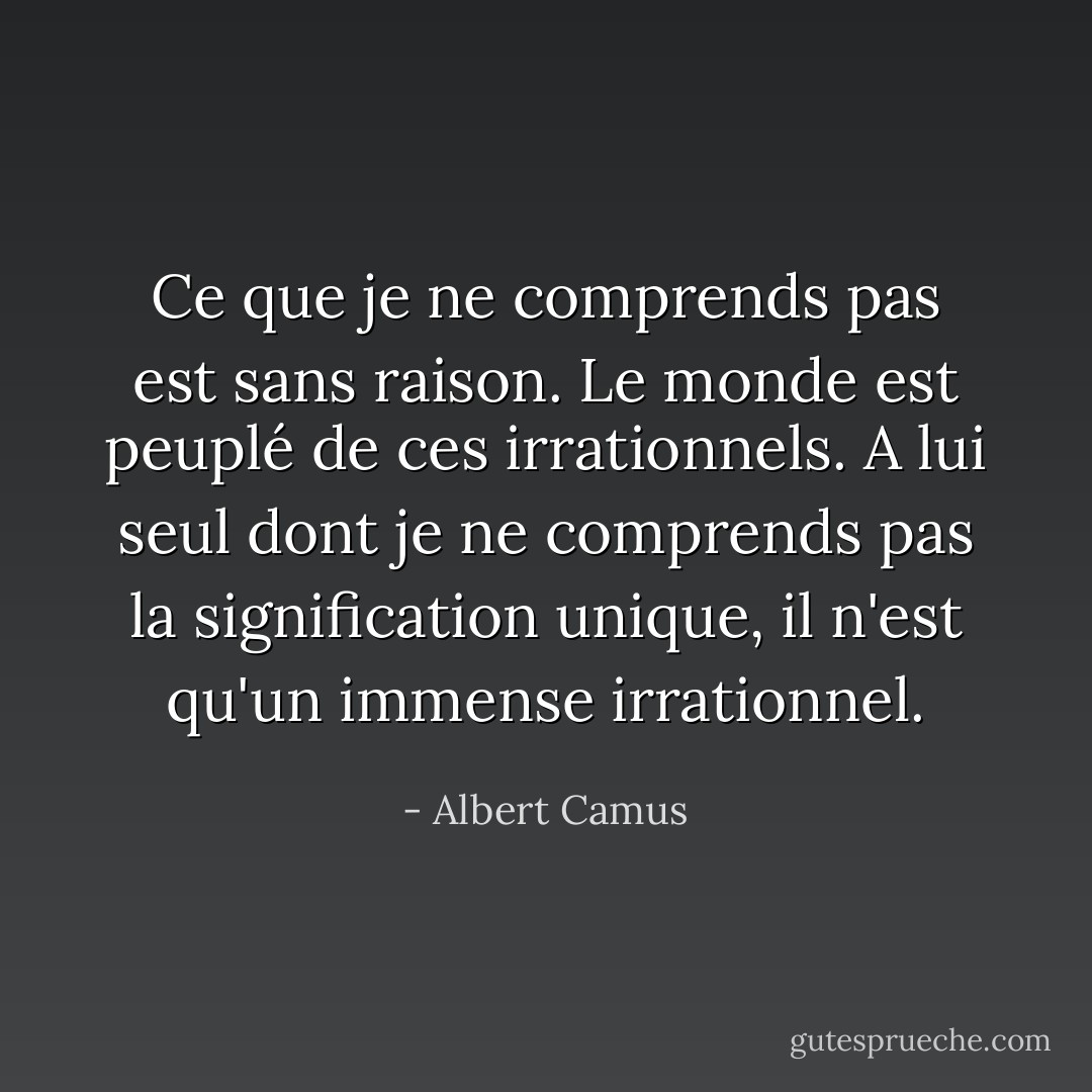Ce que je ne comprends pas est sans raison. Le monde est peuplé de ces irrationnels. A lui seul dont je ne comprends pas la signification unique, il n'est qu'un immense irrationnel. - Albert Camus