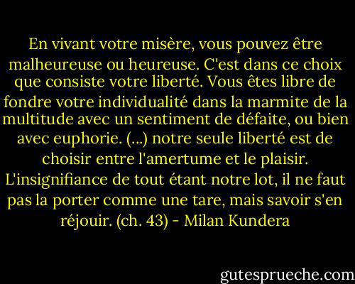 En vivant votre misère, vous pouvez être malheureuse ou heureuse. C'est dans ce choix que consiste votre liberté. Vous êtes libre de fondre votre individualité dans la marmite de la multitude avec un sentiment de défaite, ou bien avec euphorie. (...) notre seule liberté est de choisir entre l'amertume et le plaisir. L'insignifiance de tout étant notre lot, il ne faut pas la porter comme une tare, mais savoir s'en réjouir. (ch. 43) - Milan Kundera
