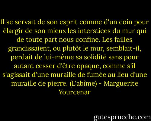 Il se servait de son esprit comme d'un coin pour élargir de son mieux les interstices du mur qui de toute part nous confine. Les failles grandissaient, ou plutôt le mur, semblait-il, perdait de lui-même sa solidité sans pour autant cesser d'être opaque, comme s'il s'agissait d'une muraille de fumée au lieu d'une muraille de pierre.<br />(L'abîme) - Marguerite Yourcenar