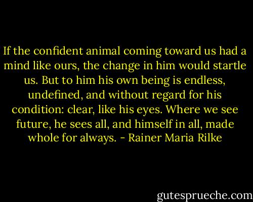 If the confident animal coming toward us<br />had a mind like ours,<br />the change in him would startle us.<br />But to him his own being is endless,<br />undefined, and without regard<br />for his condition: clear,<br />like his eyes. Where we see future,<br />he sees all, and himself<br />in all, made whole for always. - Rainer Maria Rilke