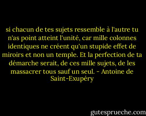 si chacun de tes sujets ressemble à l'autre tu n'as point atteint l'unité, car mille colonnes identiques ne créent qu'un stupide effet de miroirs et non un temple. Et la perfection de ta démarche serait, de ces mille sujets, de les massacrer tous sauf un seul. - Antoine de Saint-Exupéry