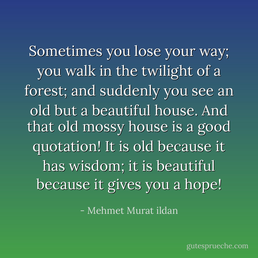 Sometimes you lose your way; you walk in the twilight of a forest; and suddenly you see an old but a beautiful house. And that old mossy house is a good quotation! It is old because it has wisdom; it is beautiful because it gives you a hope! - Mehmet Murat ildan