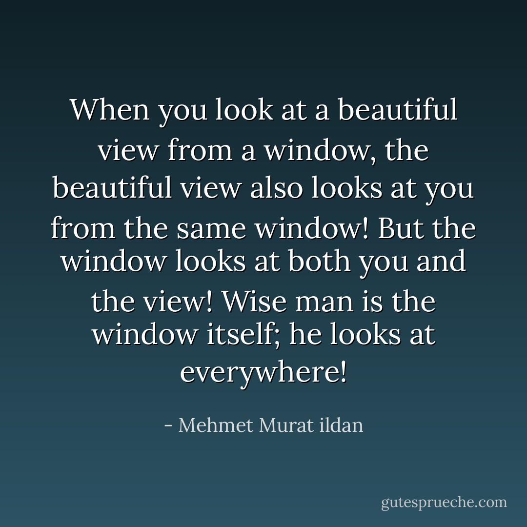 When you look at a beautiful view from a window, the beautiful view also looks at you from the same window! But the window looks at both you and the view! Wise man is the window itself; he looks at everywhere! - Mehmet Murat ildan