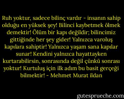 Ruh yoktur, sadece bilinç vardır - insanın sahip olduğu en yüksek şey! Bilinci kaybetmek ölmek demektir! Ölüm bir kapı değildir; bilincimiz gittiğinde her şey gider! Yalnızca varoluş kapılara sahiptir! Yalnızca yaşam sana kapılar sunar! Kendini yalnızca hayattayken kurtarabilirsin, sonrasında değil çünkü sonrası yoktur! Kurtuluş için ilk adım bu basit gerçeği bilmektir! - Mehmet Murat ildan