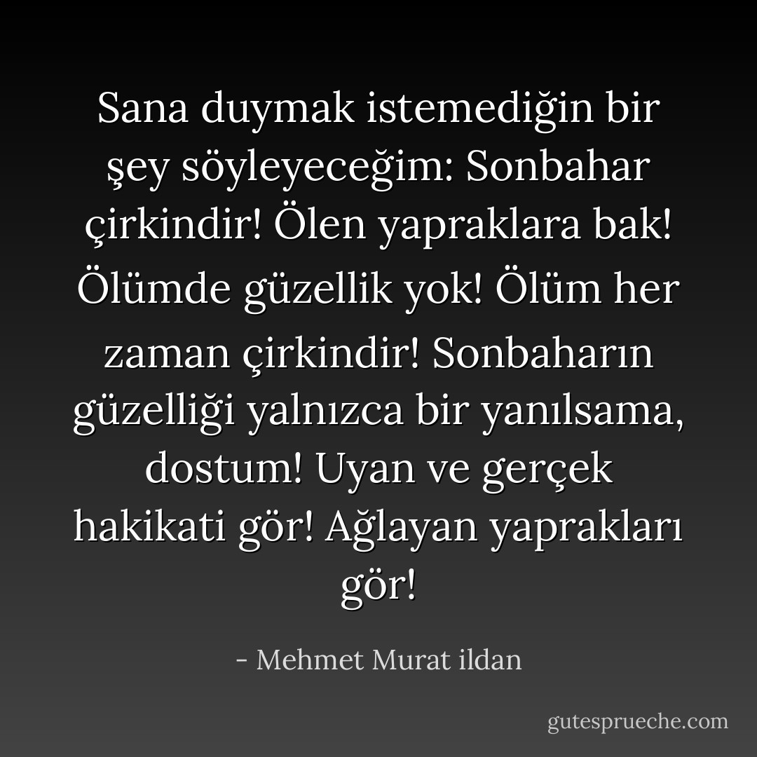 Sana duymak istemediğin bir şey söyleyeceğim: Sonbahar çirkindir! Ölen yapraklara bak! Ölümde güzellik yok! Ölüm her zaman çirkindir! Sonbaharın güzelliği yalnızca bir yanılsama, dostum! Uyan ve gerçek hakikati gör! Ağlayan yaprakları gör! - Mehmet Murat ildan