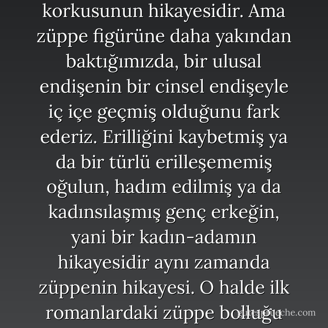 Yabancı arzuların peşinde bir ucubeye dönüşen züppenin hikayesi, kudretini yitirmiş imparatorluk topraklarında gecikerek modernleşmenin yol açtığı bozulma endişesinin, kültürel melezleşmenin doğurduğu kendini kaybetme korkusunun hikayesidir. Ama züppe figürüne daha yakından baktığımızda, bir ulusal endişenin bir cinsel endişeyle iç içe geçmiş olduğunu fark ederiz. Erilliğini kaybetmiş ya da bir türlü erilleşememiş oğulun, hadım edilmiş ya da kadınsılaşmış genç erkeğin, yani bir kadın-adamın hikayesidir aynı zamanda züppenin hikayesi. O halde ilk romanlardaki züppe bolluğu yalnızca yerel-ulusal kimliği yitirme, bir "ödünç şahsiyet"e dönüşme endişesini değil, bu endişeyle iç içe geçmiş bir ikinci endişeyi, bir "ödünç cinsiyet"e dönüşme telaşını da yansıtıyordur. - Nurdan Gürbilek