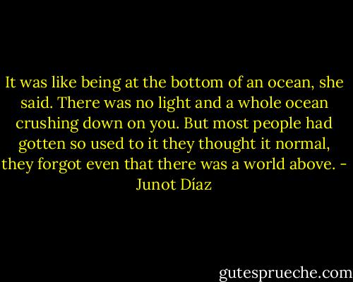 It was like being at the bottom of an ocean, she said. There was no light and a whole ocean crushing down on you. But most people had gotten so used to it they thought it normal, they forgot even that there was a world above. - Junot Díaz