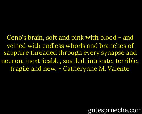 Ceno's brain, soft and pink with blood - and veined with endless whorls and branches of sapphire threaded through every synapse and neuron, inextricable, snarled, intricate, terrible, fragile and new. - Catherynne M. Valente