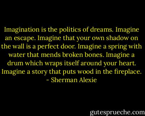 Imagination is the politics of dreams. Imagine an escape. Imagine that your own shadow on the wall is a perfect door. Imagine a spring with water that mends broken bones. Imagine a drum which wraps itself around your heart. Imagine a story that puts wood in the fireplace. - Sherman Alexie