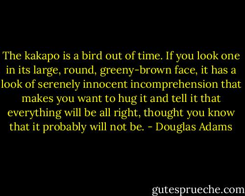 The kakapo is a bird out of time. If you look one in its large, round, greeny-brown face, it has a look of serenely innocent incomprehension that makes you want to hug it and tell it that everything will be all right, thought you know that it probably will not be. - Douglas Adams