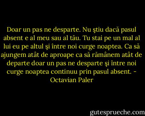 Doar un pas ne desparte.<br />Nu ştiu dacă pasul absent<br />e al meu<br />sau al tău.<br />Tu stai pe un mal al lui<br />eu pe altul<br />şi între noi curge noaptea.<br />Ca să ajungem atât de aproape<br />ca să rămânem atât de departe<br />doar un pas ne desparte<br />şi între noi curge noaptea continuu<br />prin pasul absent. - Octavian Paler