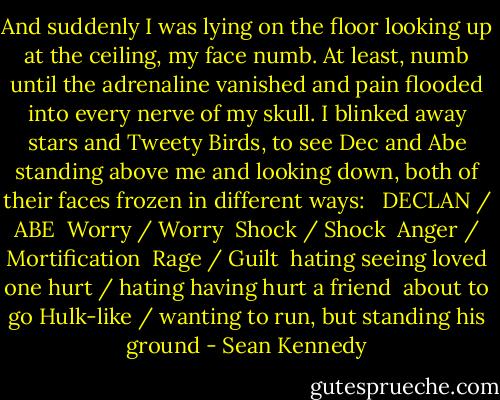 And suddenly I was lying on the floor looking up at the ceiling, my face numb. At least, numb until the adrenaline vanished and pain flooded into every nerve of my skull. I blinked away stars and Tweety Birds, to see Dec and Abe standing above me and looking down, both of their faces frozen in different ways: <br /><br />DECLAN / ABE <br />Worry / Worry <br />Shock / Shock <br />Anger / Mortification <br />Rage / Guilt <br />hating seeing loved one hurt / hating having hurt a friend <br />about to go Hulk-like / wanting to run, but standing his ground - Sean Kennedy