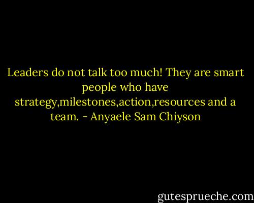 Leaders do not talk too much! They are smart people who have strategy,milestones,action,resources and a team. - Anyaele Sam Chiyson