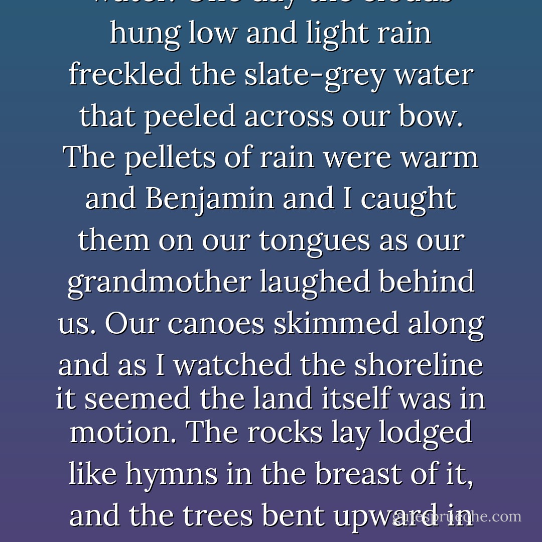 Benjamin and I sat in the middle of one of the large canoes with our grandmother in the stern, directing us past shoals and through rapids and into magnificent stretches of water. One day the clouds hung low and light rain freckled the slate-grey water that peeled across our bow. The pellets of rain were warm and Benjamin and I caught them on our tongues as our grandmother laughed behind us. Our canoes skimmed along and as I watched the shoreline it seemed the land itself was in motion. The rocks lay lodged like hymns in the breast of it, and the trees bent upward in praise like crooked fingers. It was glorious. Ben felt it too. He looked at me with tears in his eyes, and I held his look a long time, drinking in the face of my brother. - Richard Wagamese
