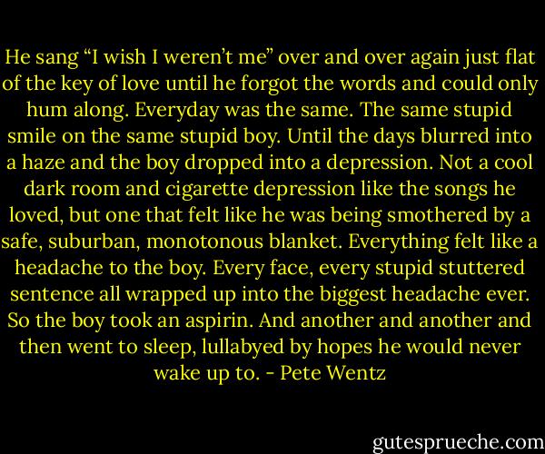 He sang “I wish I weren’t me” over and over again just flat of the key of love until he forgot the words and could only hum along. Everyday was the same. The same stupid smile on the same stupid boy. Until the days blurred into a haze and the boy dropped into a depression. Not a cool dark room and cigarette depression like the songs he loved, but one that felt like he was being smothered by a safe, suburban, monotonous blanket. Everything felt like a headache to the boy. Every face, every stupid stuttered sentence all wrapped up into the biggest headache ever. So the boy took an aspirin. And another and another and then went to sleep, lullabyed by hopes he would never wake up to. - Pete Wentz