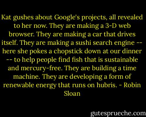 Kat gushes about Google's projects, all revealed to her now. They are making a 3-D web browser. They are making a car that drives itself. They are making a sushi search engine -- here she pokes a chopstick down at our dinner -- to help people find fish that is sustainable and mercury-free. They are building a time machine. They are developing a form of renewable energy that runs on hubris. - Robin Sloan