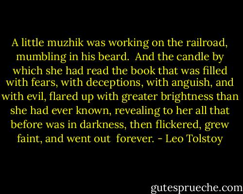 A little muzhik was working on the railroad, mumbling in his beard. <br />And the candle by which she had read the book that was filled with fears, with deceptions, with anguish, and with evil, flared up with greater brightness than she had ever known, revealing to her all that before was in darkness, then flickered, grew faint, and went out <br />forever. - Leo Tolstoy