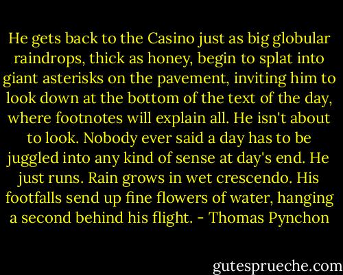 He gets back to the Casino just as big globular raindrops, thick as honey, begin to splat into giant asterisks on the pavement, inviting him to look down at the bottom of the text of the day, where footnotes will explain all. He isn't about to look. Nobody ever said a day has to be juggled into any kind of sense at day's end. He just runs. Rain grows in wet crescendo. His footfalls send up fine flowers of water, hanging a second behind his flight. - Thomas Pynchon