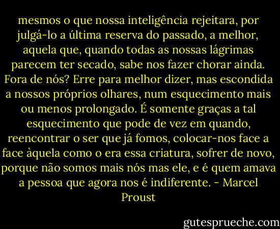 mesmos o que nossa inteligência rejeitara, por julgá-lo a última reserva do passado, a melhor, aquela que, quando todas as nossas lágrimas parecem ter secado, sabe nos fazer chorar ainda. Fora de nós? Erre para melhor dizer, mas escondida a nossos próprios olhares, num esquecimento mais ou menos prolongado. É somente graças a tal esquecimento que pode de vez em quando, reencontrar o ser que já fomos, colocar-nos face a face àquela como o era essa criatura, sofrer de novo, porque não somos mais nós mas ele, e é quem amava a pessoa que agora nos é indiferente. - Marcel Proust