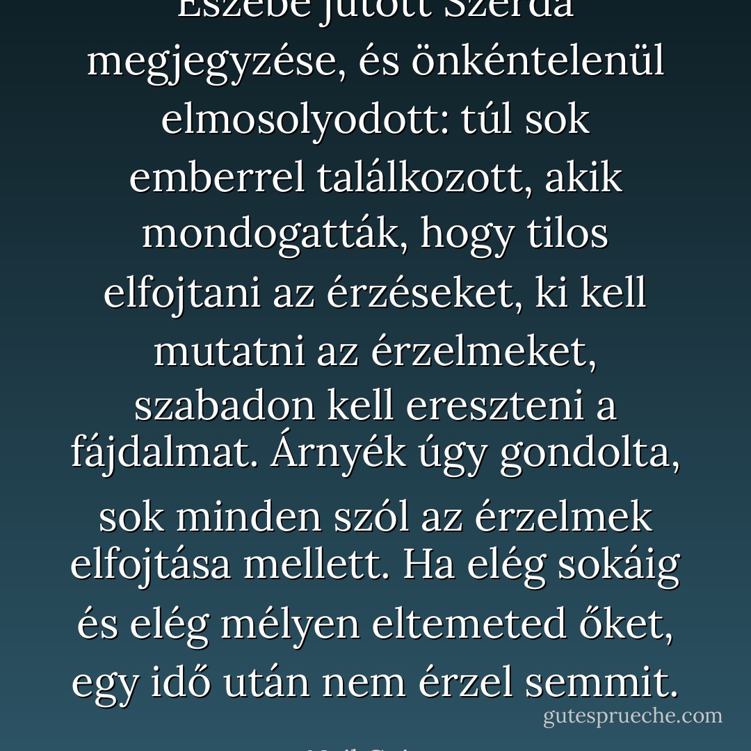 Eszébe jutott Szerda megjegyzése, és önkéntelenül elmosolyodott: túl sok emberrel találkozott, akik mondogatták, hogy tilos elfojtani az érzéseket, ki kell mutatni az érzelmeket, szabadon kell ereszteni a fájdalmat. Árnyék úgy gondolta, sok minden szól az érzelmek elfojtása mellett. Ha elég sokáig és elég mélyen eltemeted őket, egy idő után nem érzel semmit. - Neil Gaiman
