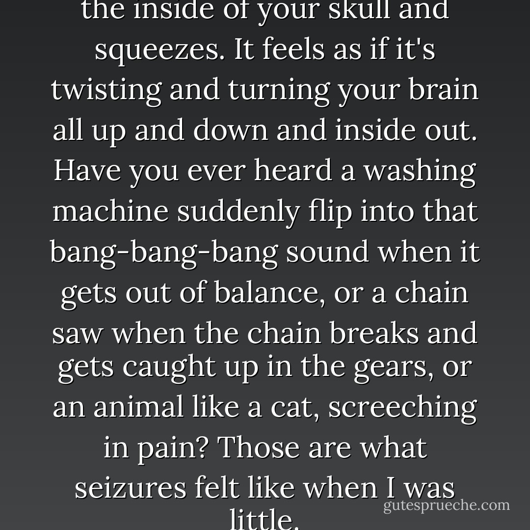 A big seizure just kind of grabs the inside of your skull and squeezes. It feels as if it's twisting and turning your brain all up and down and inside out. Have you ever heard a washing machine suddenly flip into that bang-bang-bang sound when it gets out of balance, or a chain saw when the chain breaks and gets caught up in the gears, or an animal like a cat, screeching in pain? Those are what seizures felt like when I was little. - Terry Trueman