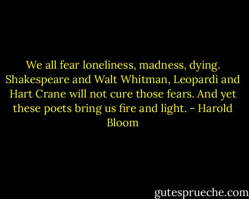 We all fear loneliness, madness, dying. Shakespeare and Walt Whitman, Leopardi and Hart Crane will not cure those fears. And yet these poets bring us fire and light. - Harold Bloom