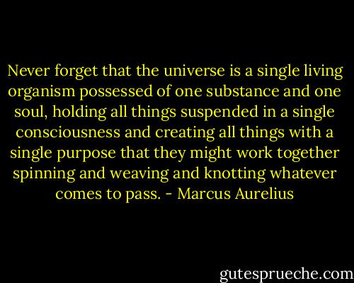 Never forget that the universe is a single living organism possessed of one substance and one soul, holding all things suspended in a single consciousness and creating all things with a single purpose that they might work together spinning and weaving and knotting whatever comes to pass. - Marcus Aurelius