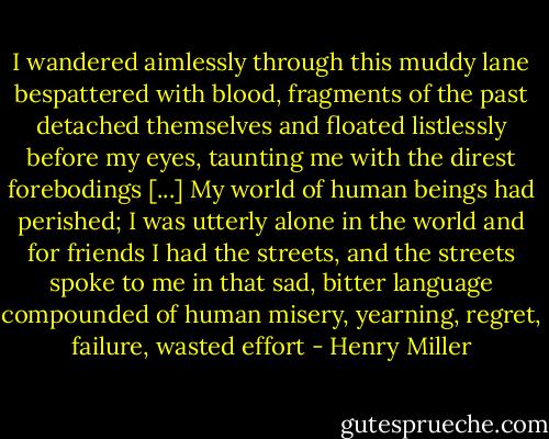 I wandered aimlessly through this muddy lane bespattered with blood, fragments of the past detached themselves and floated listlessly before my eyes, taunting me with the direst forebodings [...] My world of human beings had perished; I was utterly alone in the world and for friends I had the streets, and the streets spoke to me in that sad, bitter language compounded of human misery, yearning, regret, failure, wasted effort - Henry Miller