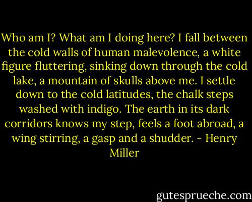 Who am I? What am I doing here? I fall between the cold walls of human malevolence, a white figure fluttering, sinking down through the cold lake, a mountain of skulls above me. I settle down to the cold latitudes, the chalk steps washed with indigo. The earth in its dark corridors knows my step, feels a foot abroad, a wing stirring, a gasp and a shudder. - Henry Miller